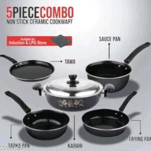 5-Piece Non-Stick Cookware Set | Cast Iron, Ceramic & Hard Anodized | Gas & Induction Friendly | Kadhai with Lid, Fry Pan, Tawa, Sauce Pan & Tadka Pan
