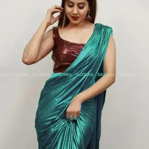 Rama Coloured Lycra Blend Saree With Blouse